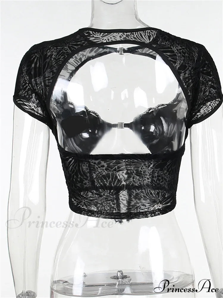 Fairycore Grunge Lace Backless Hollow Out Short Sleeve T-Shirts