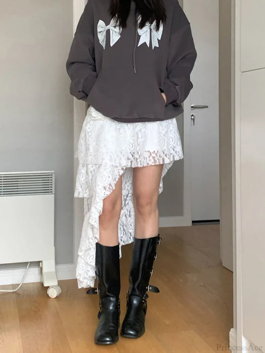 Fairycore Lace Tiered High Waist Asymmetric Ruffled Midi Skirt WHITE / One Size skirt-250126