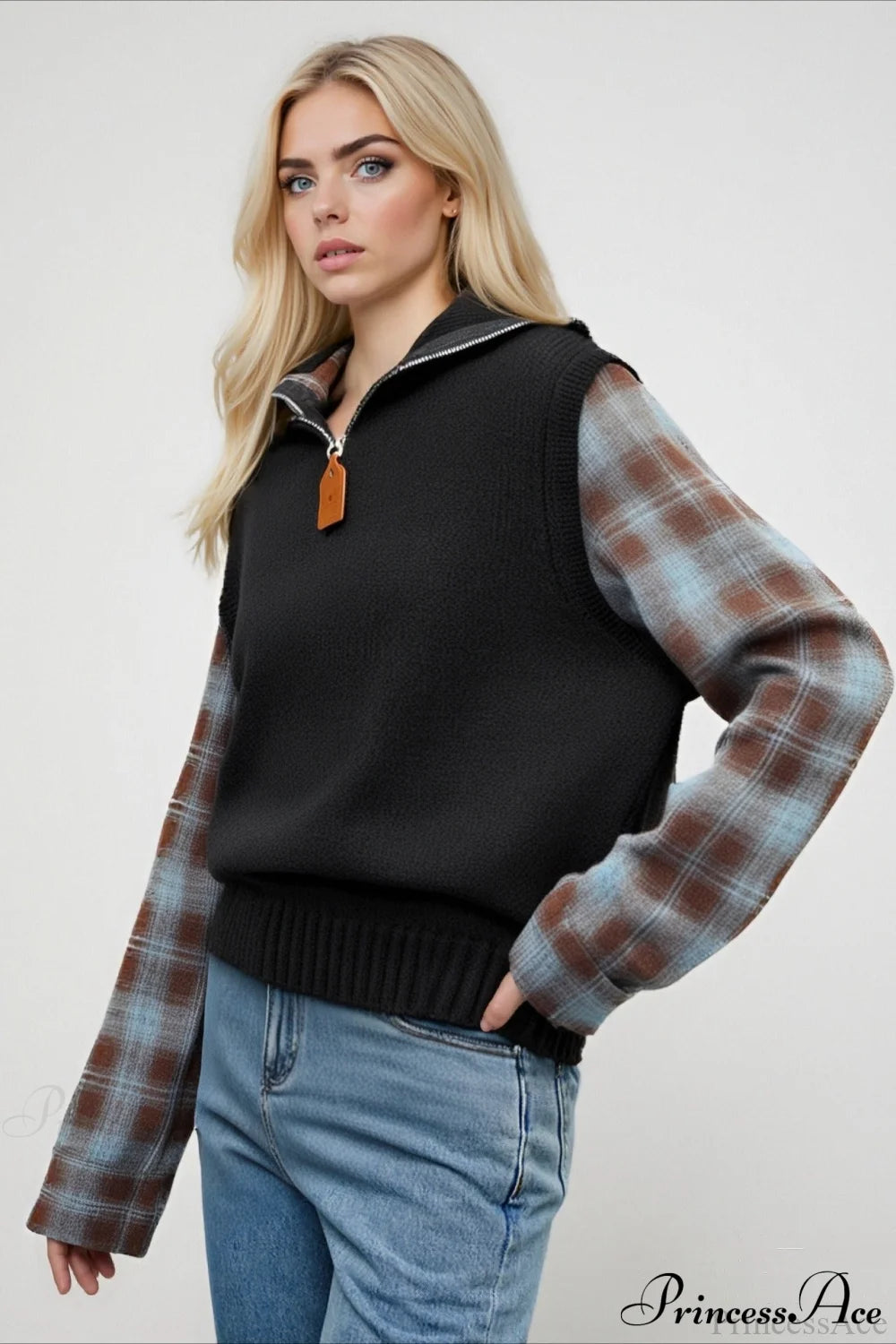 Fake Two Piece Plaid Contrast Half Zip Collared Sweater