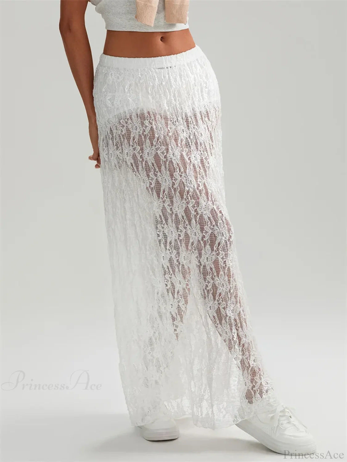 Fall Long Maxi Skirt Elastic Waist Lace Floral Casual Skirt skirt-250126