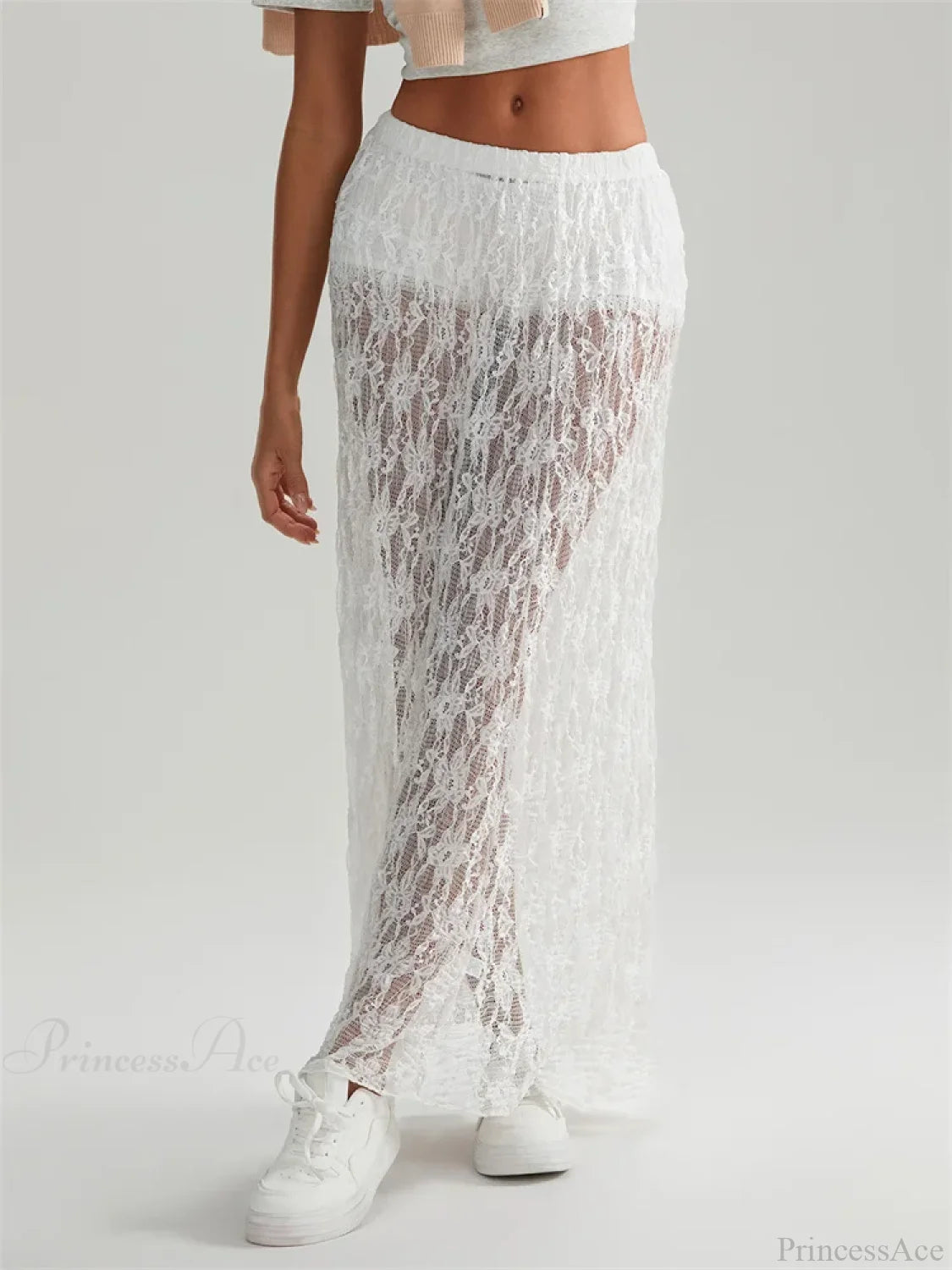 Fall Long Maxi Skirt Elastic Waist Lace Floral Casual Skirt skirt-250126