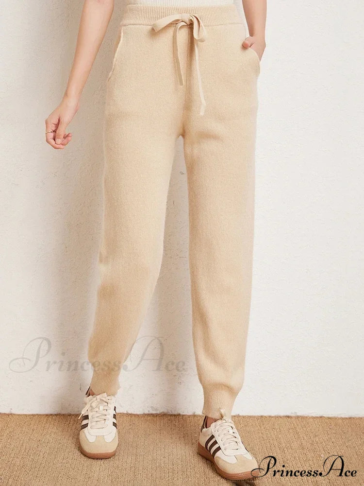 Fall New Solid Wide Pit Stripe Casual Knitted Wide-Legged Streetwear Pants Beige / M