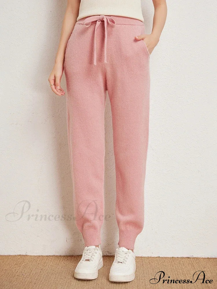 Fall New Solid Wide Pit Stripe Casual Knitted Wide-Legged Streetwear Pants Pink / M