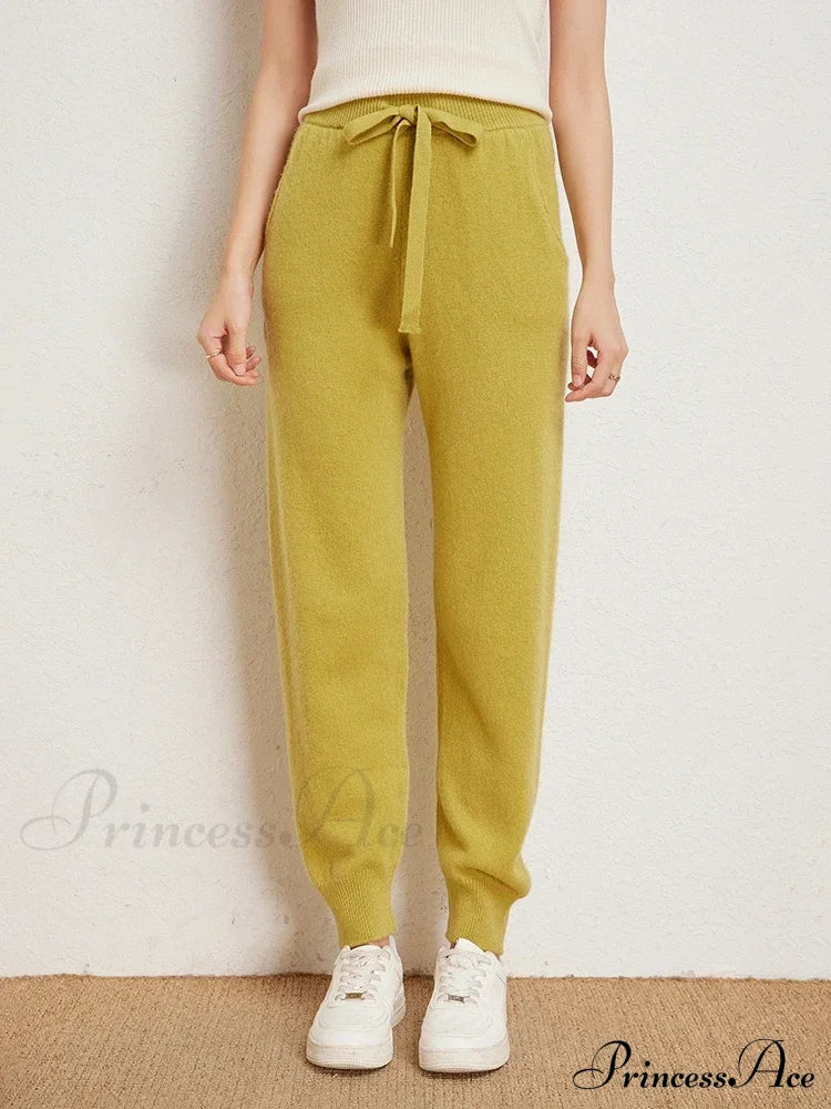 Fall New Solid Wide Pit Stripe Casual Knitted Wide-Legged Streetwear Pants Yellow / M