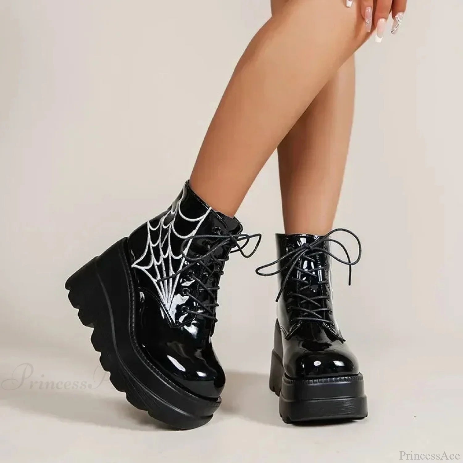 Fall Wedges Motorbike Gothic Patent Boot Black / 35