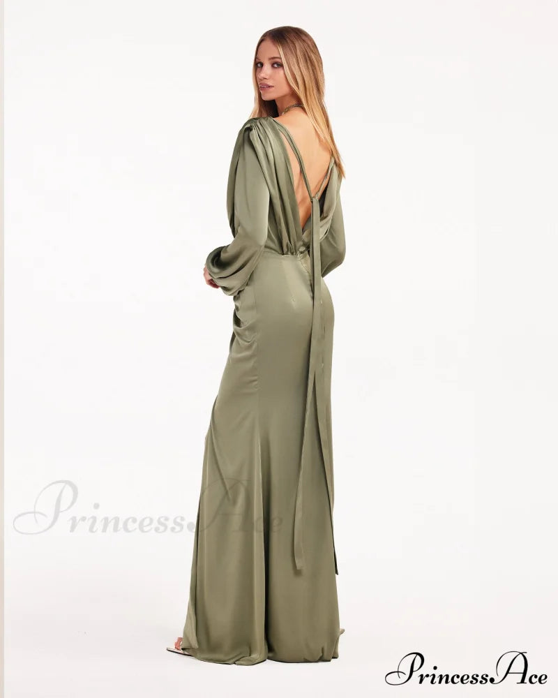Fancy Olive Silk Charming Maxi Evening Dress