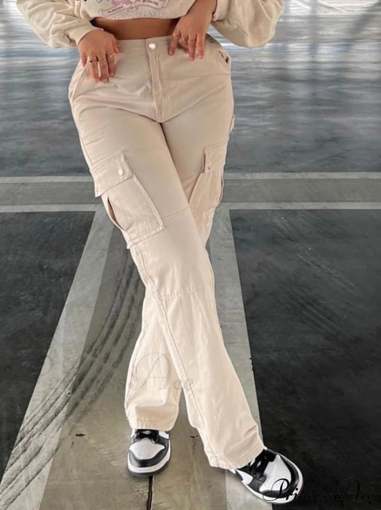 Fashion Baggy Cargo Big Pockets Pants Vintage Slim Y2K Women Waist Denim Armygreen High Khaki