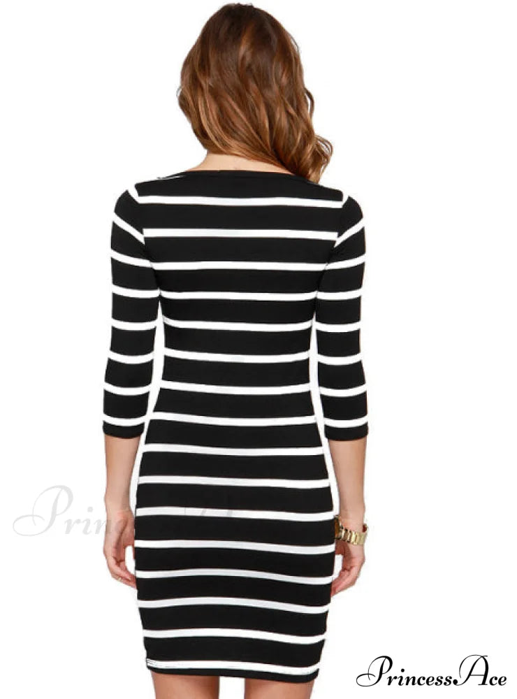 Fashion Black And White Striped Long Sleeve Top Dresses