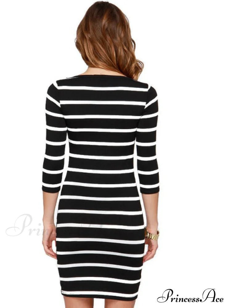 Fashion Black And White Striped Long Sleeve Top Dresses
