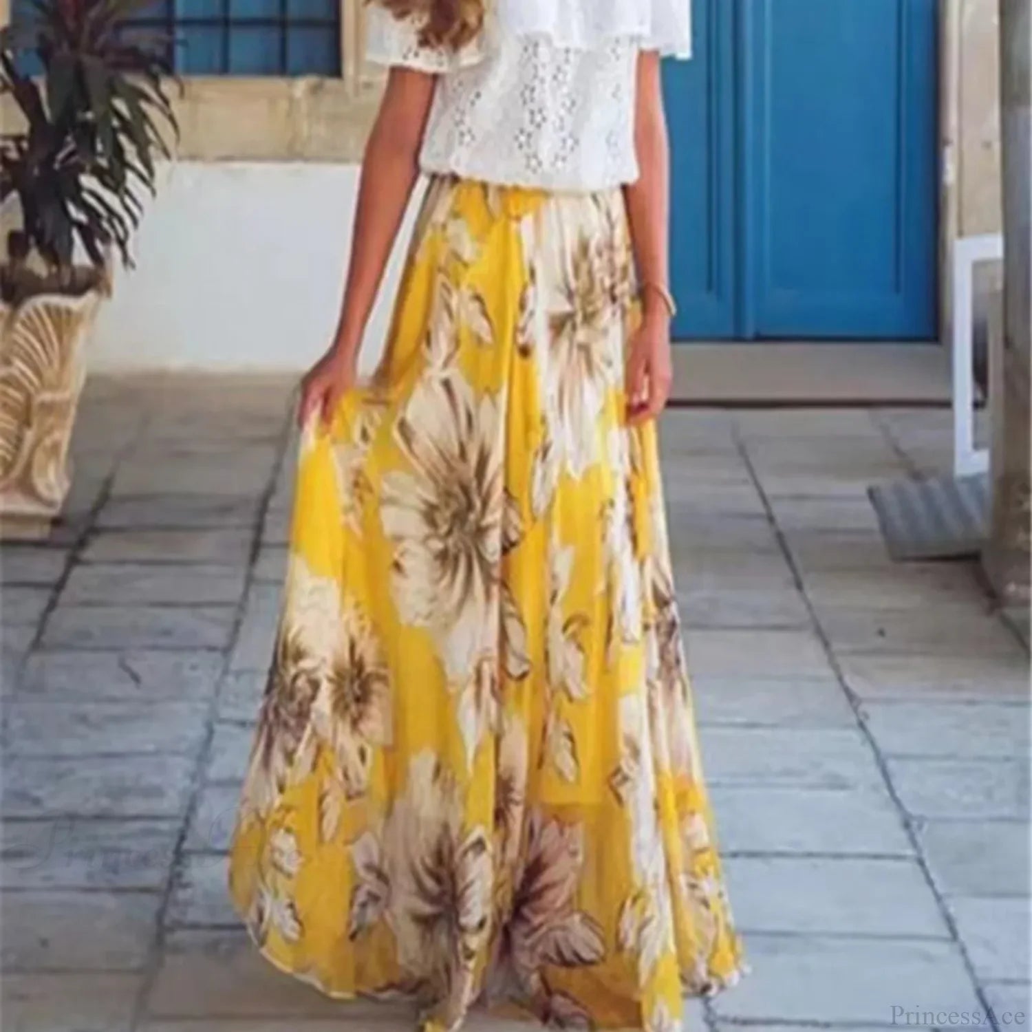 Fashion Boho Chiffon Floral Long High Waist Pleated Skirt Yellow / S skirt-250126
