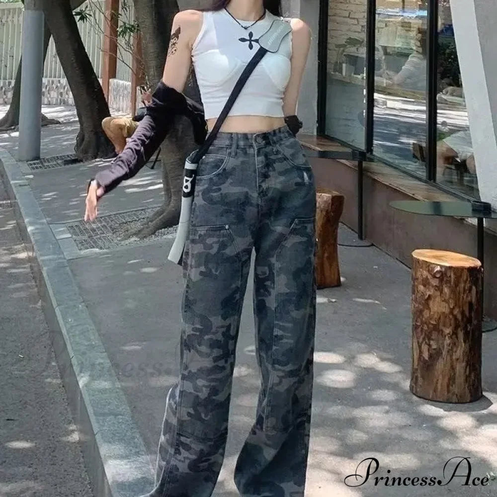 Fashion Camouflage Workwear Spicy Girl Xia Chunqiu High Waisted Wide Legged Slimming Floor Mop