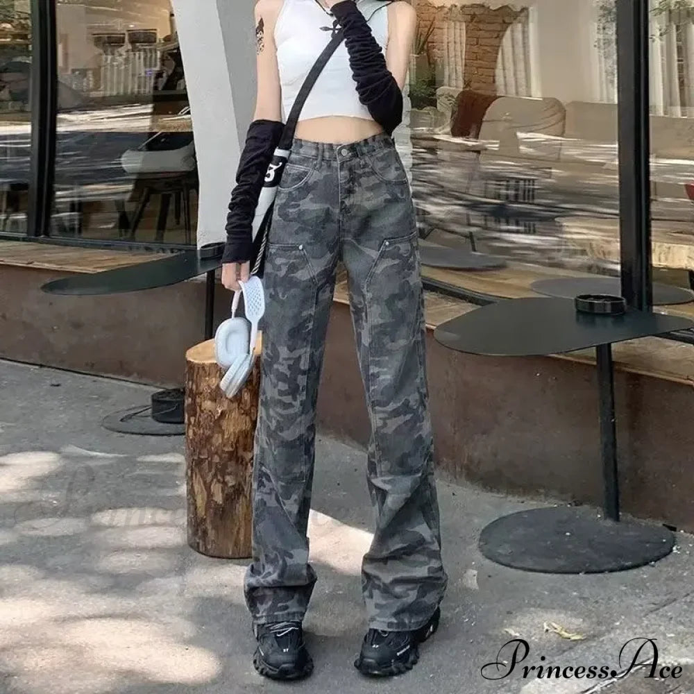 Fashion Camouflage Workwear Spicy Girl Xia Chunqiu High Waisted Wide Legged Slimming Floor Mop