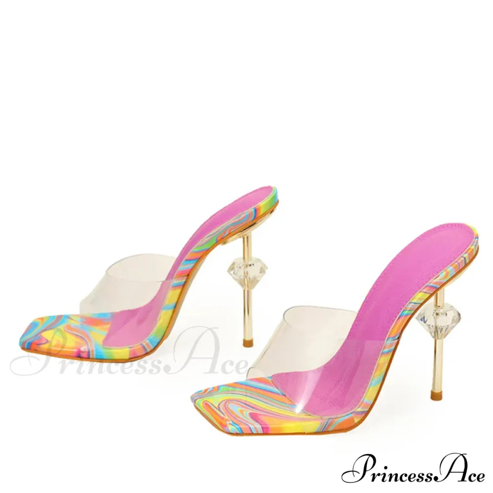 Fashion Chic High Heeled Slippers Ladies Square Toe Summer Sandals Transparent Pvc Shoes Women