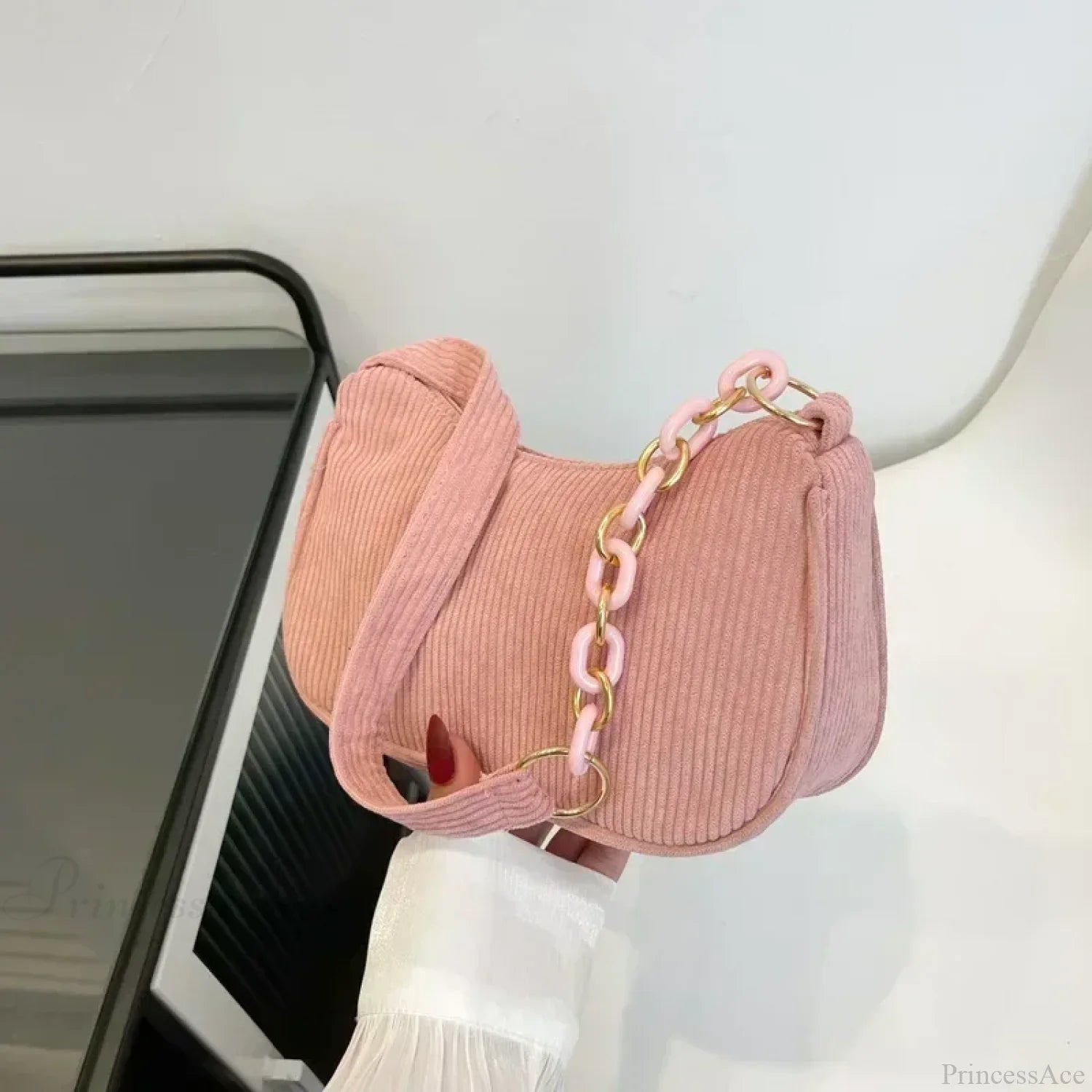Fashion Corduroy Zipper Underarm Shoulder Bag Pink shoulder-250126