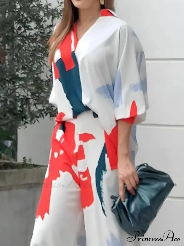 Fashion Daily 3/4 Graphic - V Length Set & Casual Fit Design Arm Regular Blouse Spring White Neck