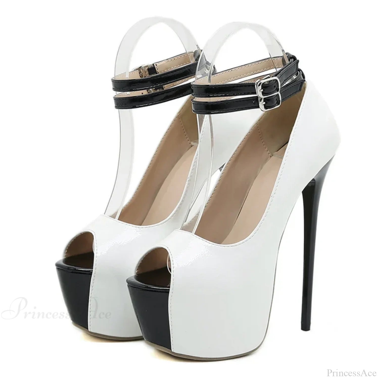Fashion Double-Buckle-Strap Platform Sexy Peep-Toe 16.5Cm Super-High Stripper White Pumps High Heel