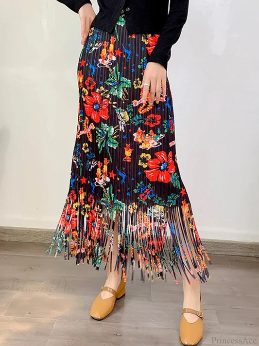 Fashion Printed Flower Tassels High Elastic Waist Skirt Black / One Size skirt-250126