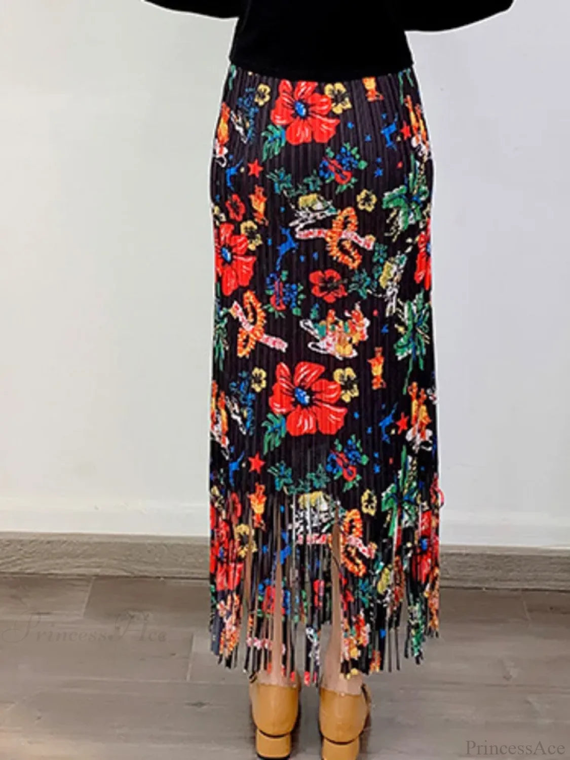 Fashion Printed Flower Tassels High Elastic Waist Skirt Black / One Size skirt-250126