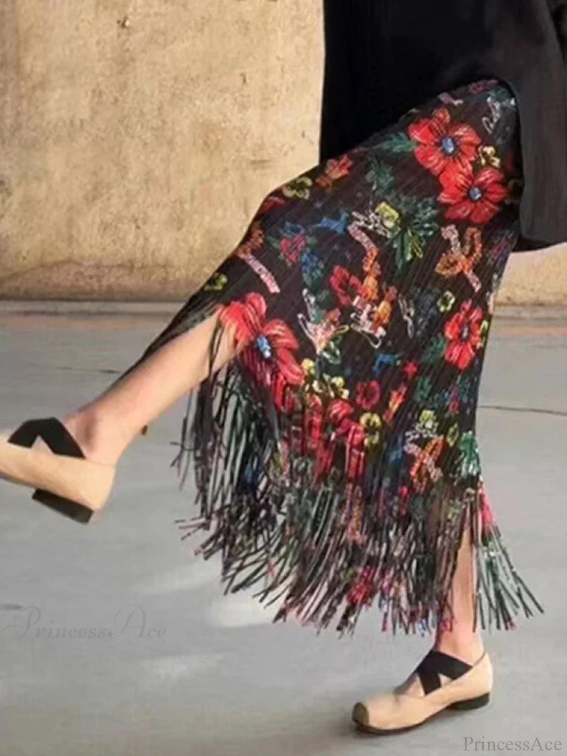 Fashion Printed Flower Tassels High Elastic Waist Skirt Black / One Size skirt-250126