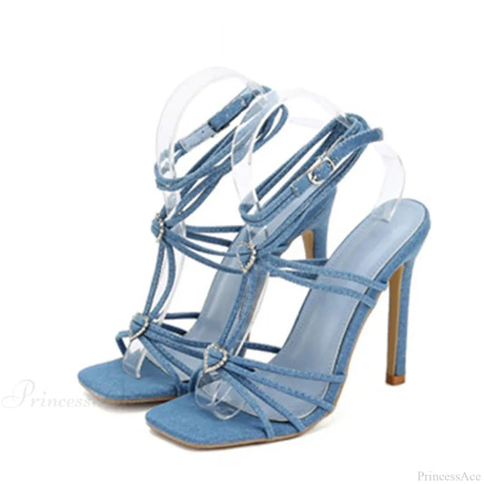 Fashion Rhinestone Buckle Narrow-Band Sandals Square-Toe Wedding Banquet High-Heels Thin Golden