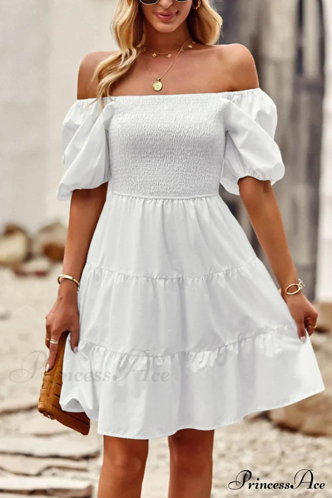 Fashion Ruffle Hem Trendy Solid Color Cusual Dress S / White