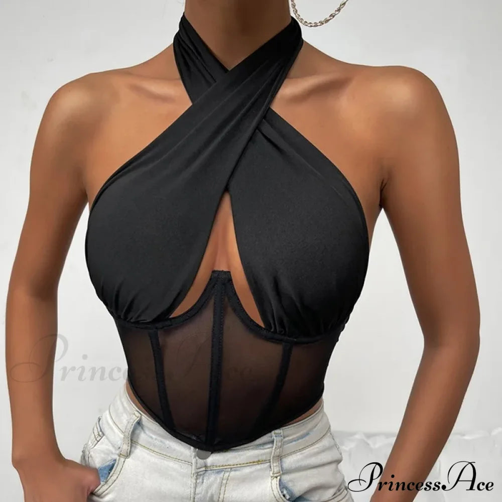 Fashion Sexy Hollow Tie-Up Halter Backless See-Through Mesh Stylish Elegant Trendy Crop Top