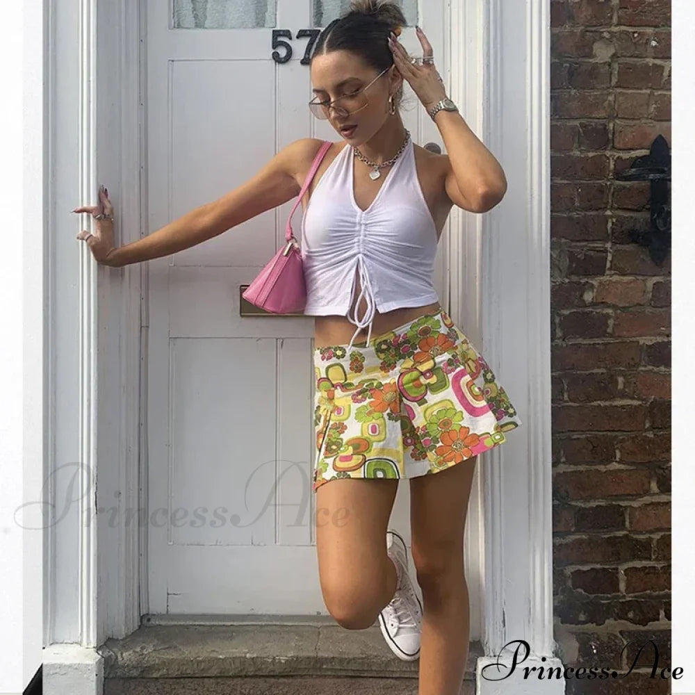 Fashion Women Lace Up Halter Black Sleeveless Drawstring Slim Fit Crop Club Summer Camis Streetwear