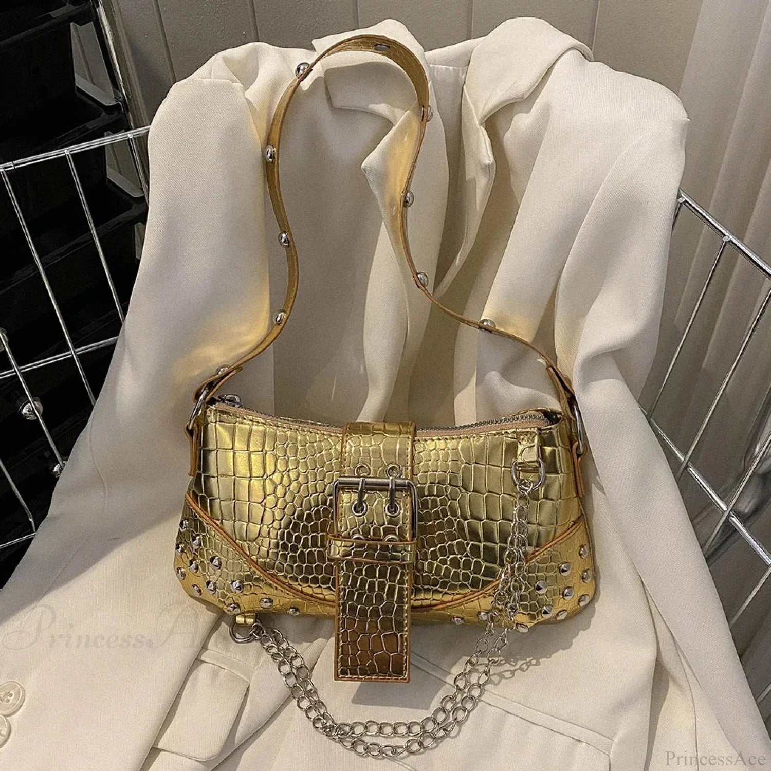 Fashion Y2K Pleated Underarm Shoulder Bag Gold / 25x13.5x0.5cm shoulder-250126