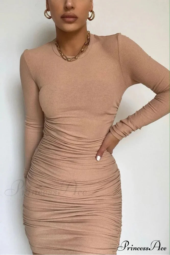 Fashionable Autumn Winter Sexy Elegant Solid Long Sleeve Mini Bodycon Dress Apricot / S