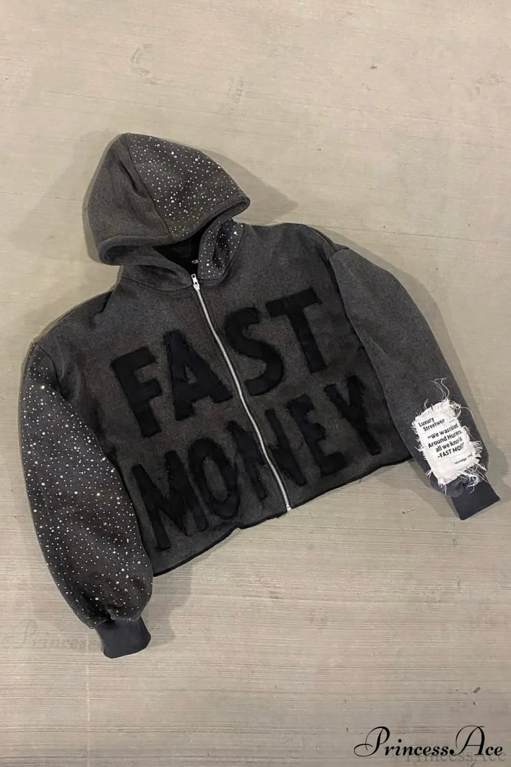 Fast Letter Embroidery Crystal Zip Hoodie Grey / S