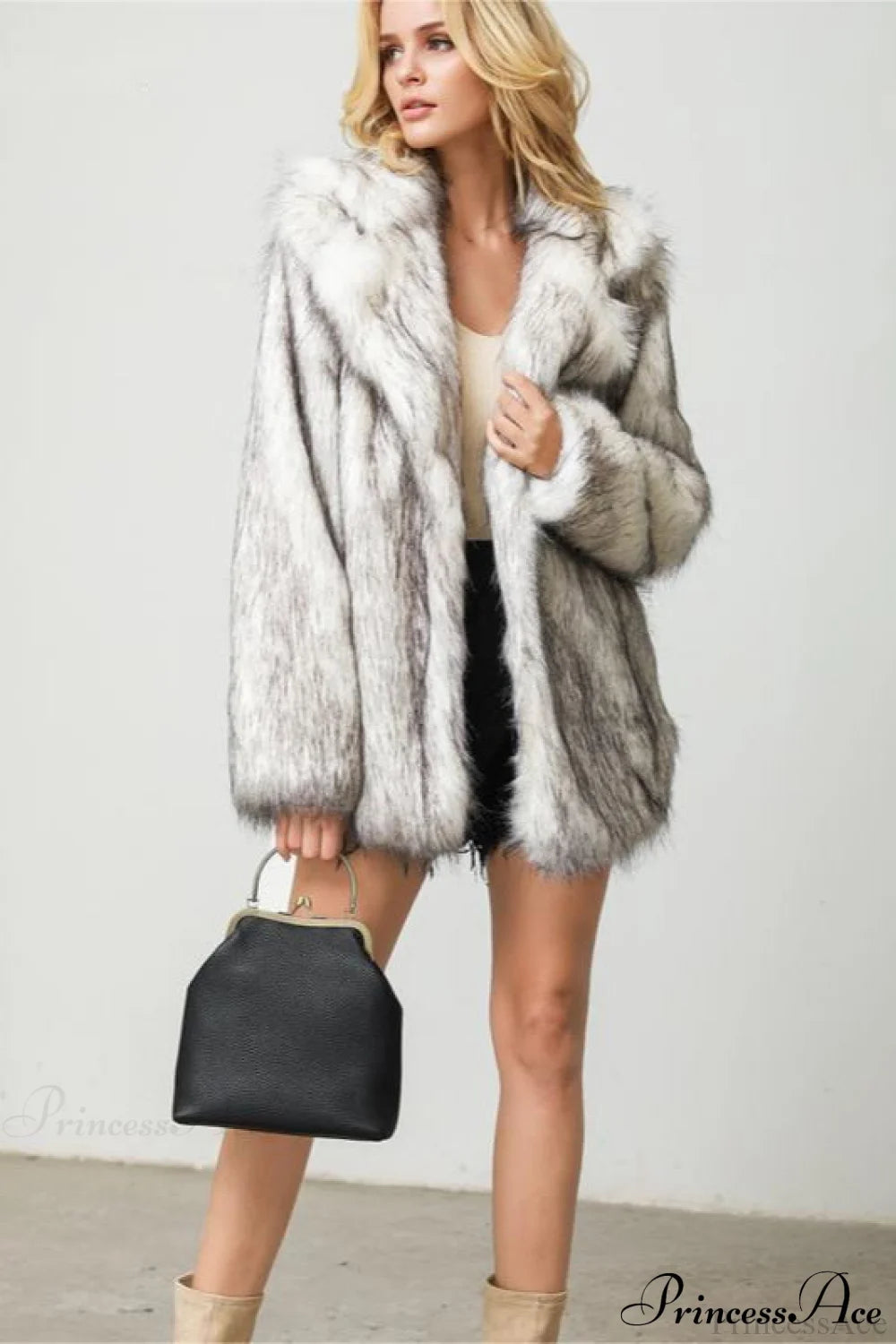 Faux Fur Blazer Style Mid Length Coat Grey / S