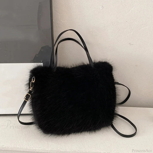 Faux Fur Plush Bucket Tote Winter Crossbody Shoulder Handbag Black handbag-250126