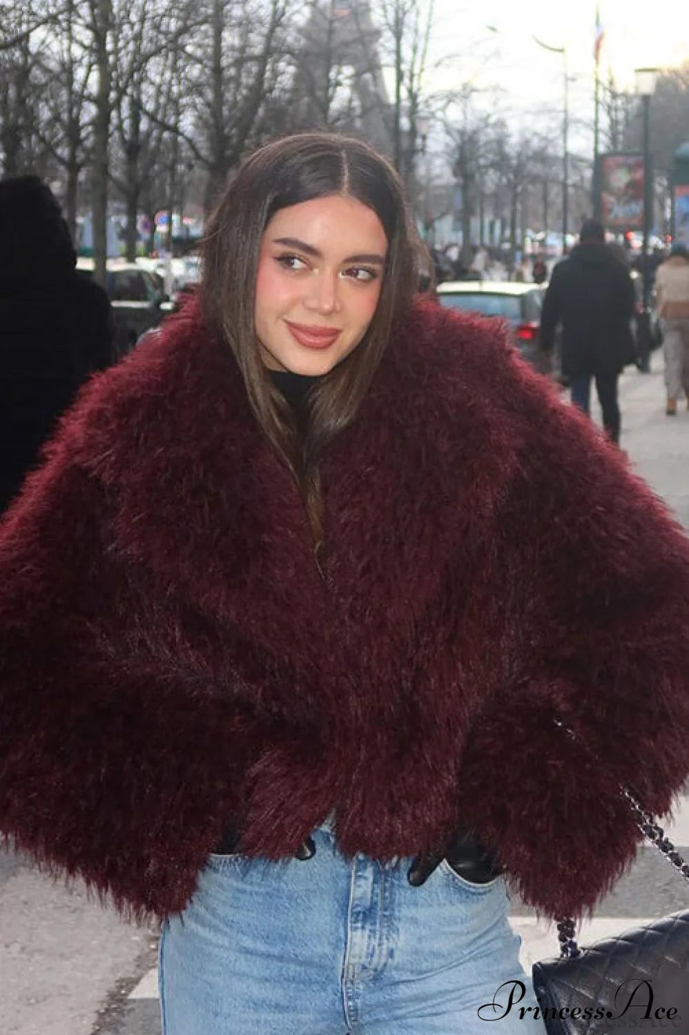 Faux Fur Shearling Short Cardigan Jacket Coat Burgundy / XS