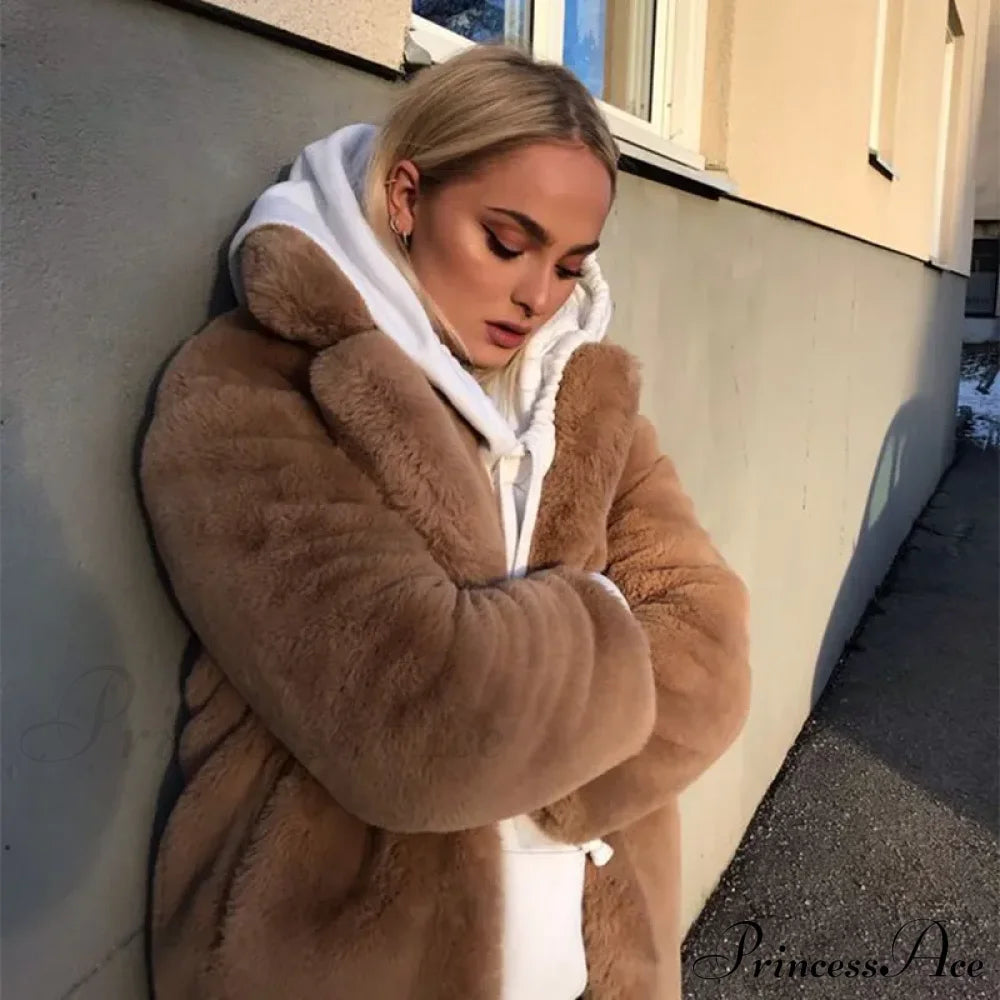 Faux Fur Stylish Long Belted Coat Coats-L