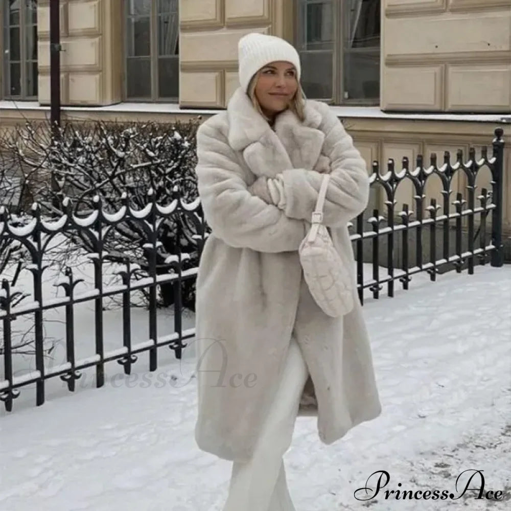 Faux Fur Stylish Long Belted Coat Coats-L