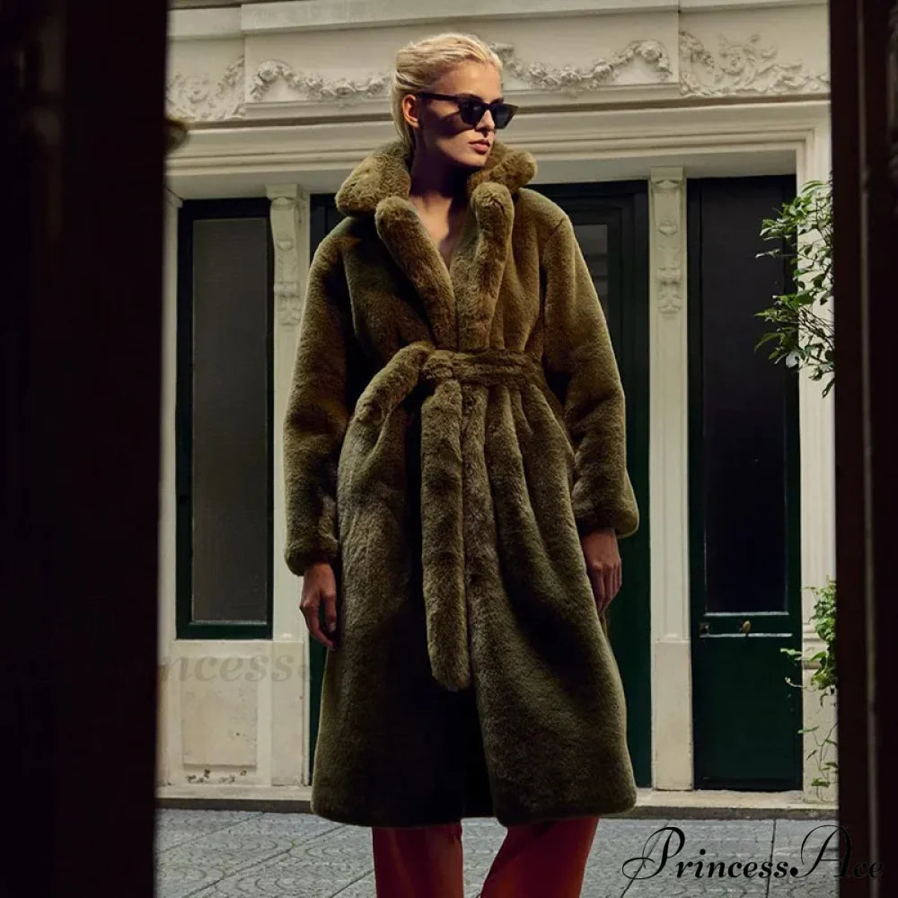 Faux Fur Stylish Long Belted Coat Coats-L