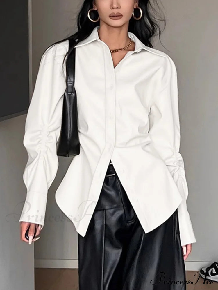 Faux Leather Solid Trendy Collar Button Down Shirt Shirts