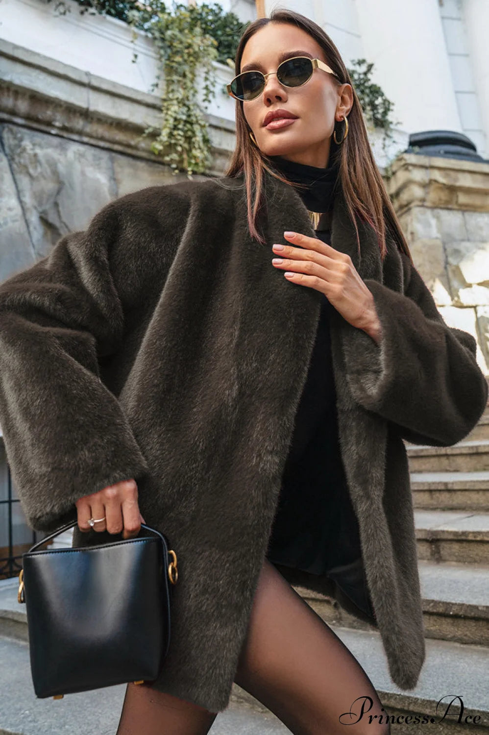 Faux Mink Long Sleeve Loose Mid Length Coat