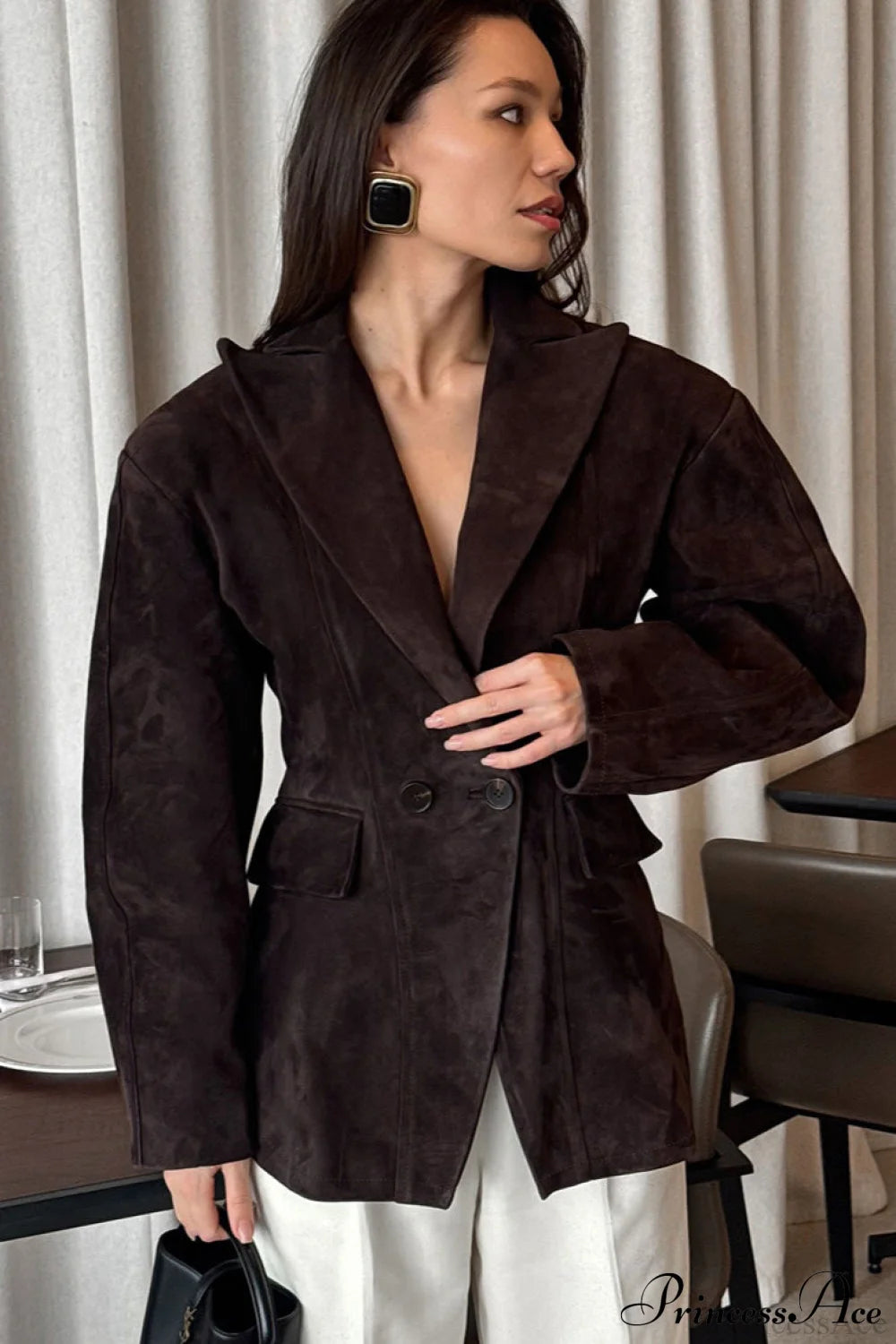 Faux Suede Blazer Style Elegant Coat