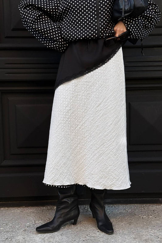 Sheer-Panel Straight Midi Skirt