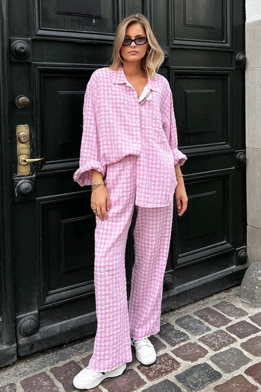 Pink Plaid Loose Casual Two Piece Set