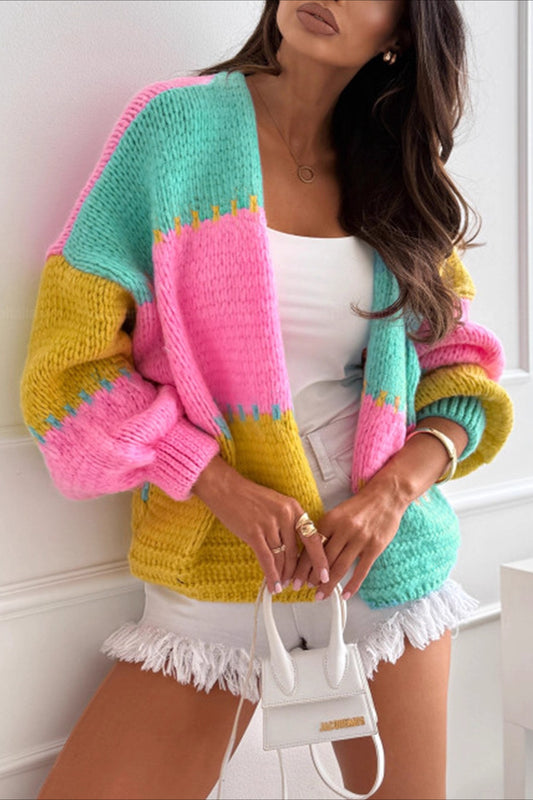 Lazy-Style Color-Block Loose Knit Cardigan