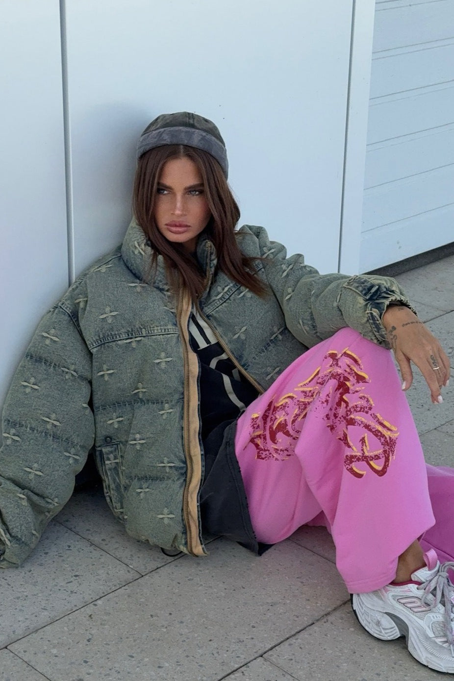 Vintage Washed Cross Embroidery Puffer Jacket