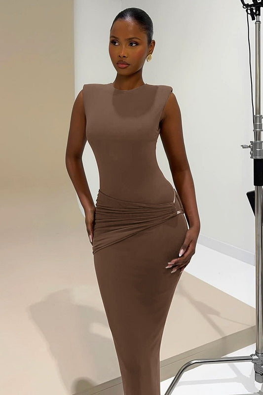Metal Accent Waist Cutout Sleeveless Maxi Dress