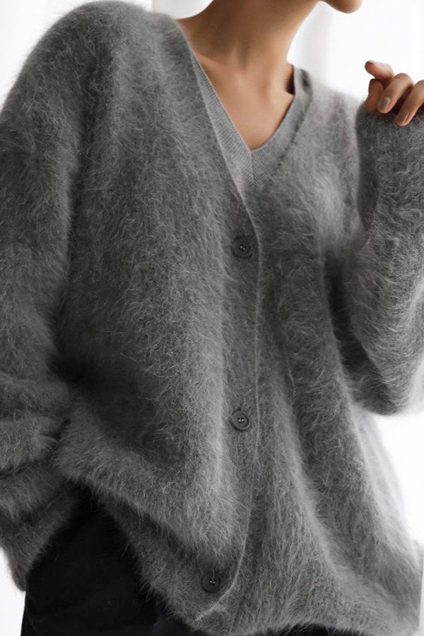 Faux Fur Blend V-Neck Cardigan S / Grey