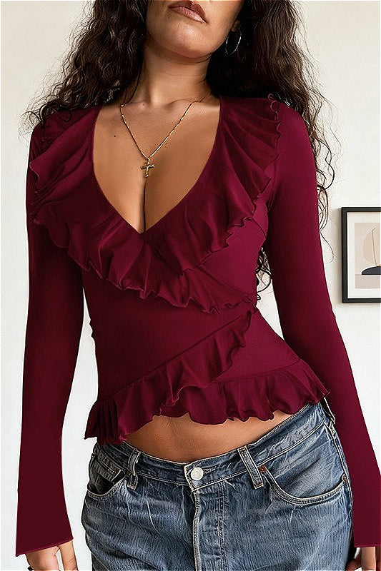 Ruffled Tie Front V Neck Cinched Asymmetric Long Sleeve Tee