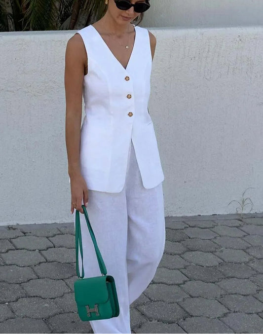 Ensemble deux pièces de bureau en coton blanc avec pantalon droit sans manches