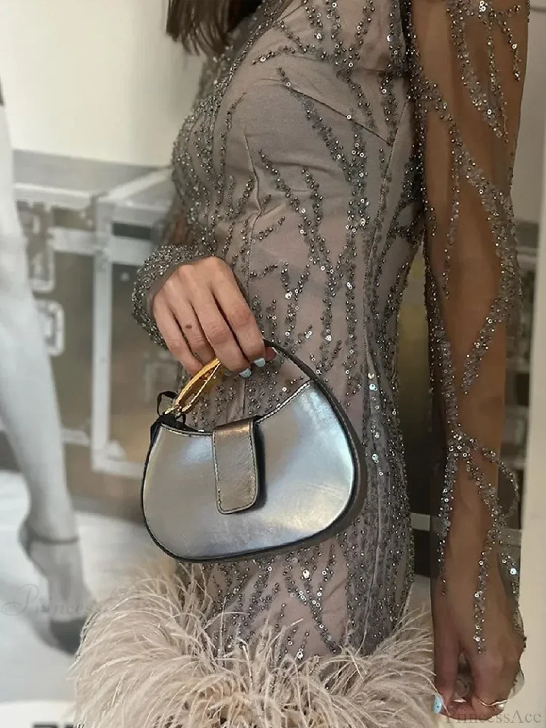 Feather Mesh Sheer Sleeve Party Dress Partydress-241208