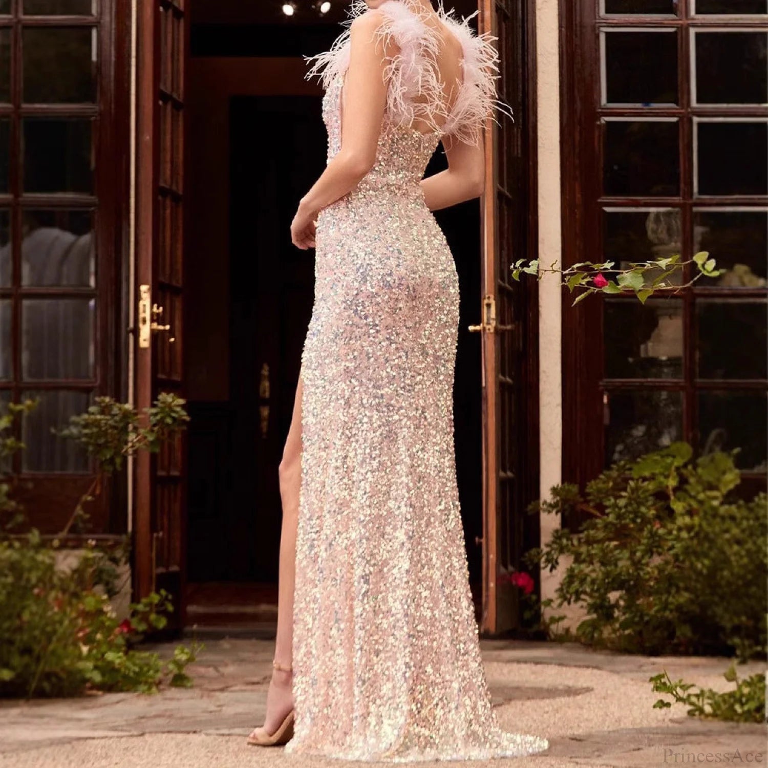 Feather Red High Waist Prom Dress promdress-250223