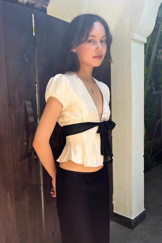 Deep V Neck Bow Tie Waist Blouse